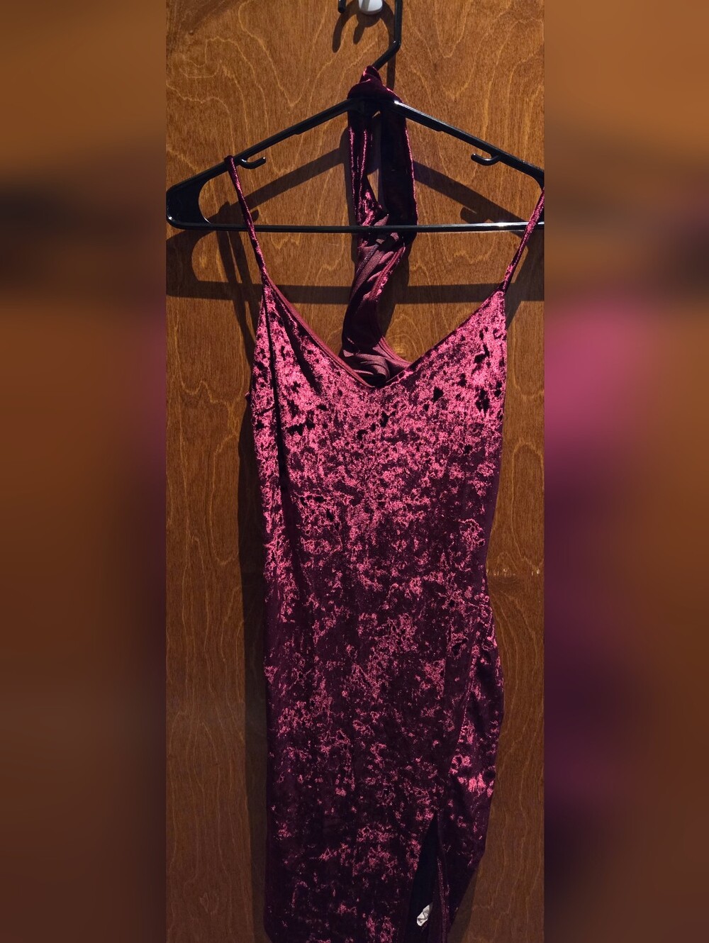 Crushed Velvet Midi Slip Dress in Burgundy
